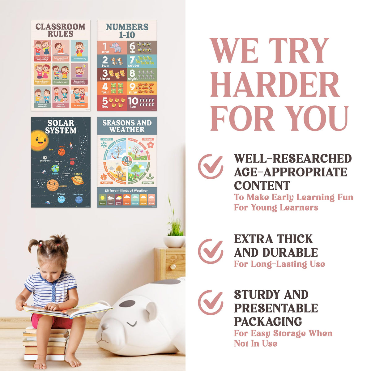 Decorably 20 Boho Learning Posters for Kids Ages 3-5, 11x17in Educational Matte-Laminated for Classrooms, Homeschool, School Hallways, Bulletin Boards