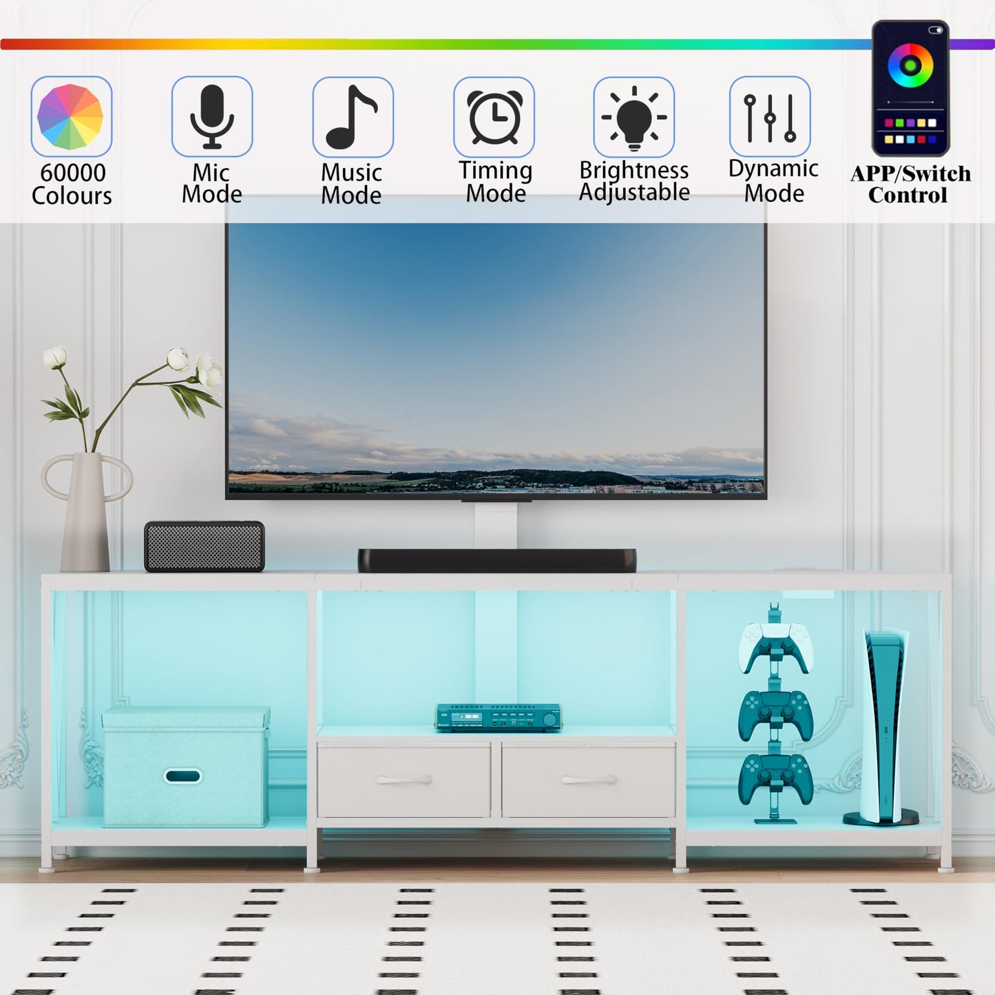 NinPeen 63" W TV Stand with Mount for 55,65,75" TV,Entertainment Center with Power Outlet and Led Lights,Height Adjustable TV Console Table with Open Storage Shelves and Fabric Drawers (White, 63" W)