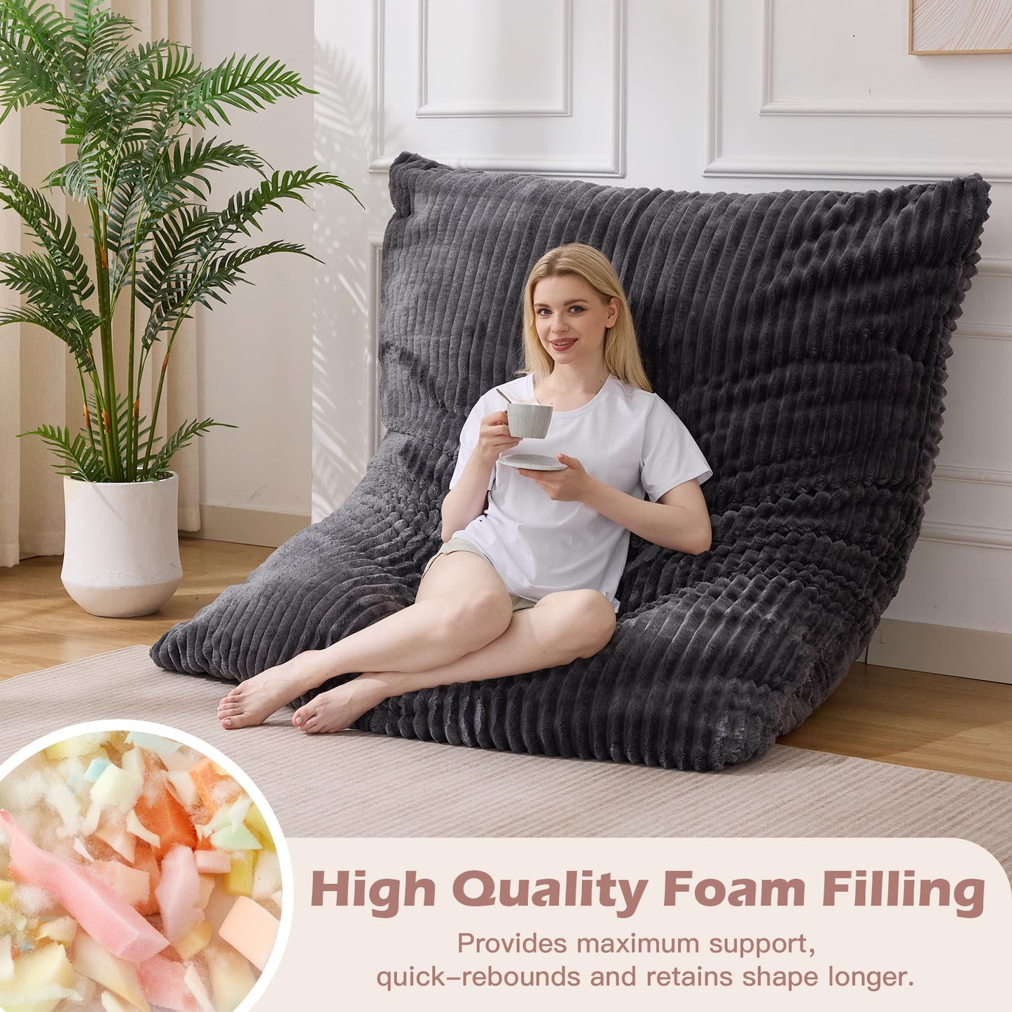 MuaMelop Bean Bag Chair, Giant Bean Bag Chair, 4 in 1 Convertible Beanbag Chairs for Adults with Removable Cover, Memory Foam Floor Cushions, Living Room, Bedroom, Dark Grey