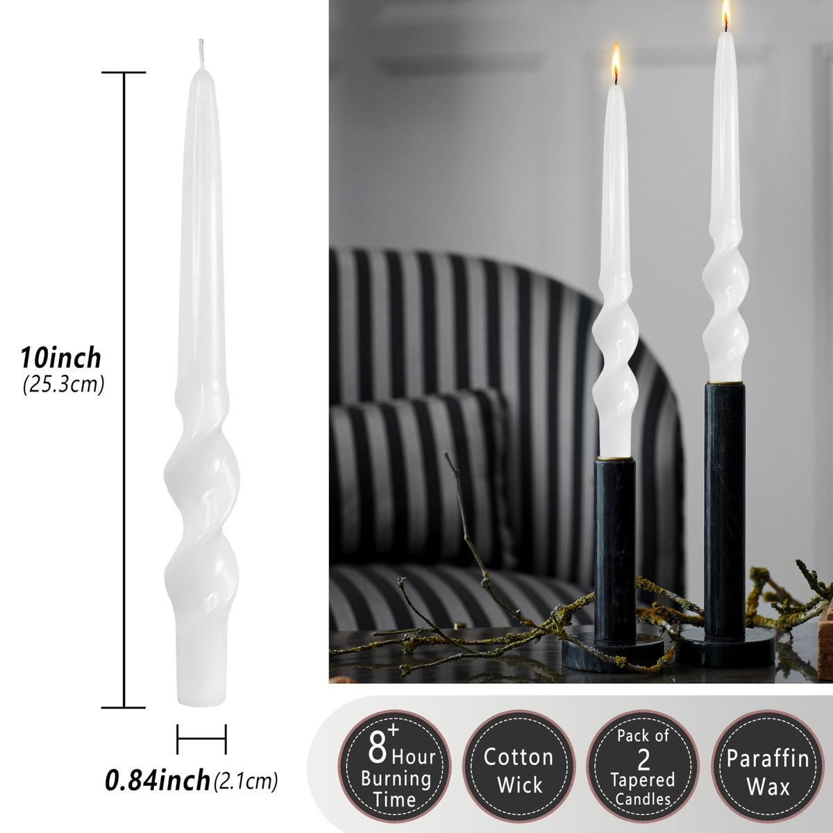 White Taper Candles Twisted Candles Sticks Long Spiral Candlesticks Unscented Candles Smokeless Candle for Wedding Party Dinner Home Decoration
