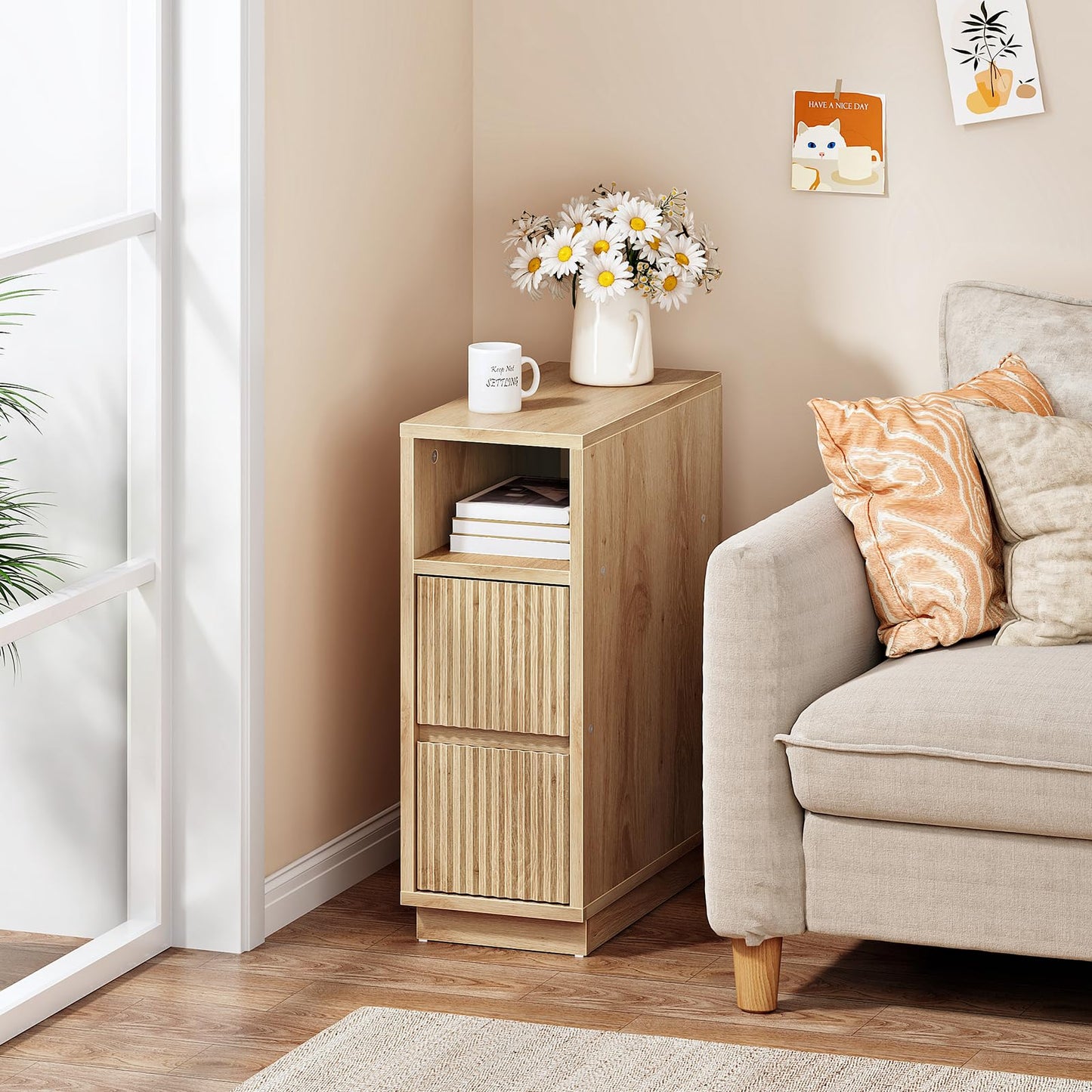 CHOEZON 8.7" Narrow Fluted Nightstand, Small Bedside Table with Drawers, Skinny Side Table, Modern Nightstand with 1 Semi-Open Shelf, Floating End Table, for Living Room, Bedroom, Natural MBZ12NL