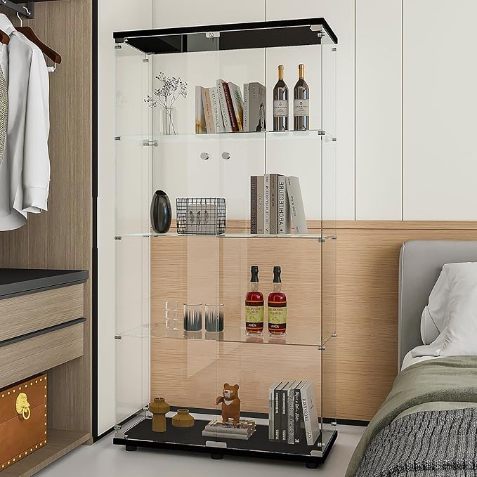 Display Cabinet with Glass Door and Lock, 4-Shelf Fast Installation in 30 Mins