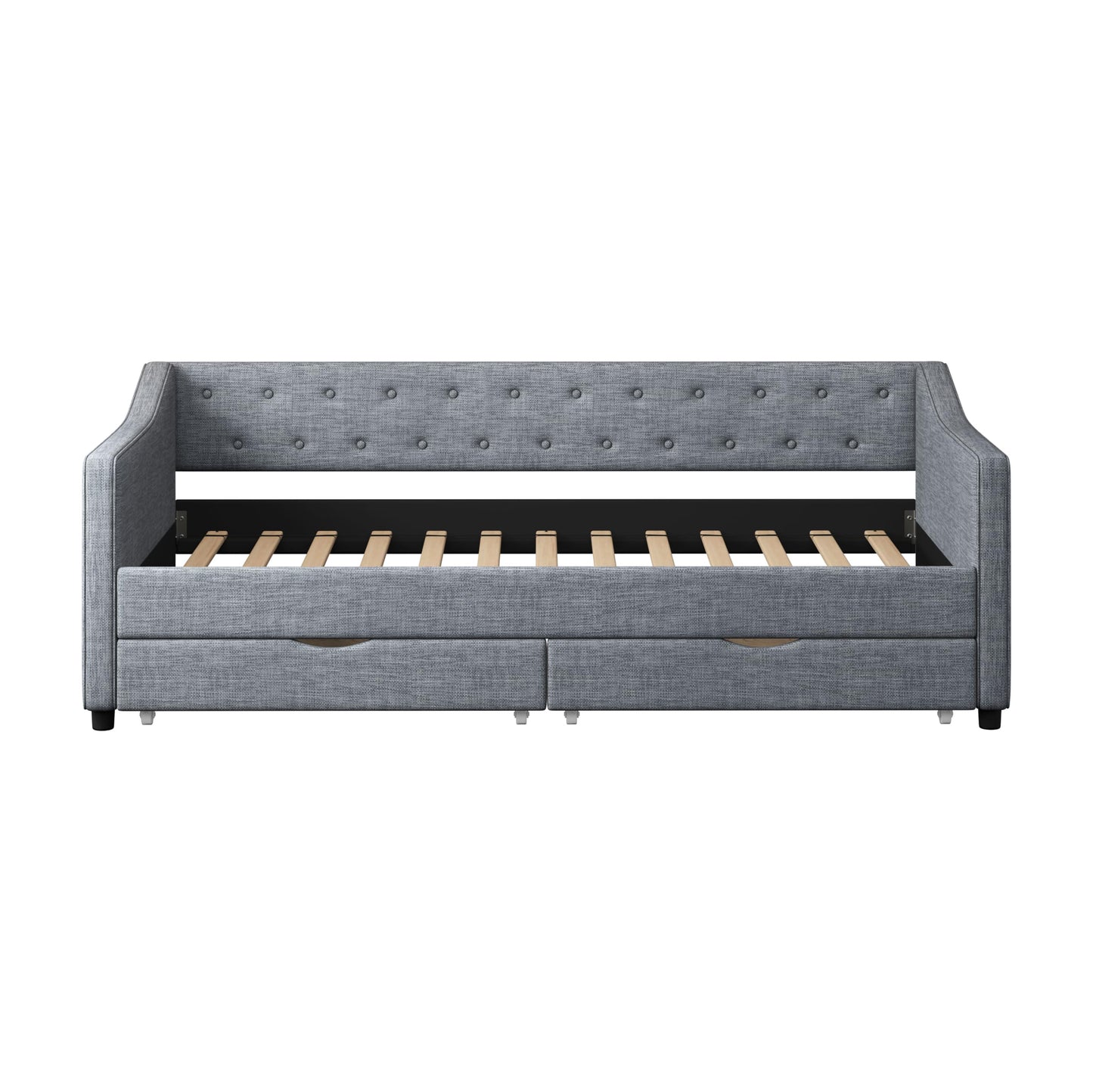 Ball & Cast Twin Size Daybed with Two Drawers and Linen Upholstered,Wood Bed Frame w/Button Tufted Back and Waved Shape Arms,Slats Support,for Apartment,Bedroom,Light Grey