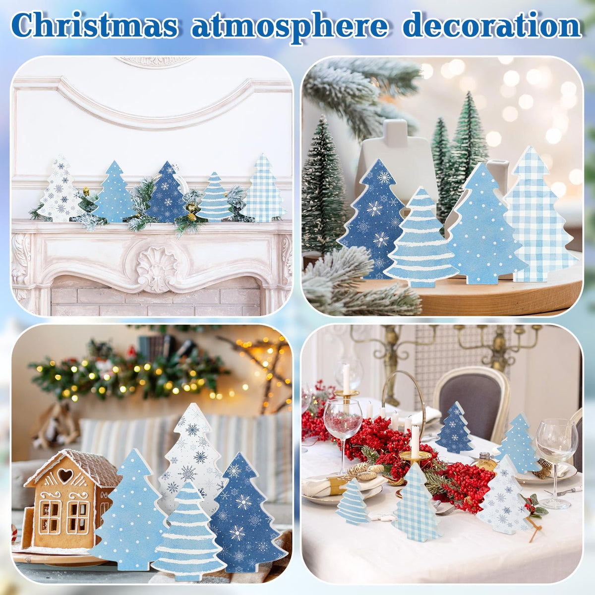 Huwena 5 Pcs Christmas Table Decoration Wooden Xmas Tree Tiered Tray Decor Centerpiece Gift Box Indoor Christmas Tree for Shelf Mantel Fireplace Home Party(Blue Buffalo Plaid)