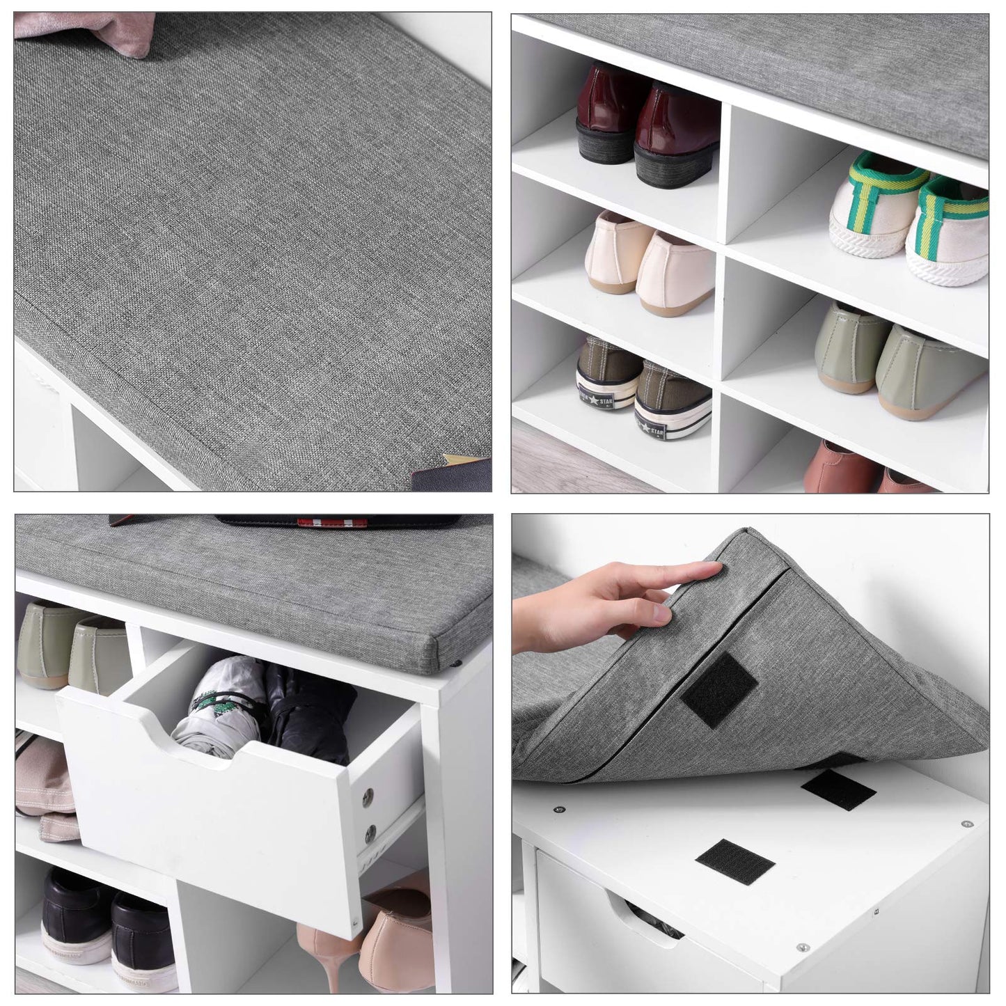 VASAGLE CUSTOS Collection - Storage Bench, Entryway Bench with Cushion, Drawer and Open Compartments, Bench with Storage, Living Room, Bedroom, Closet, White and Gray ULHS24WT