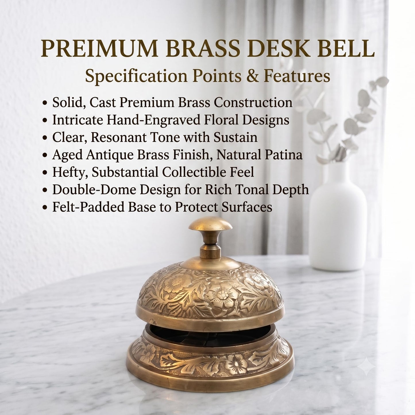 Antique Brass Desktop Bell – Vintage Style Service Desk Bell – Classic Counter Call Bell for Reception, Hotel, Office, Restaurant