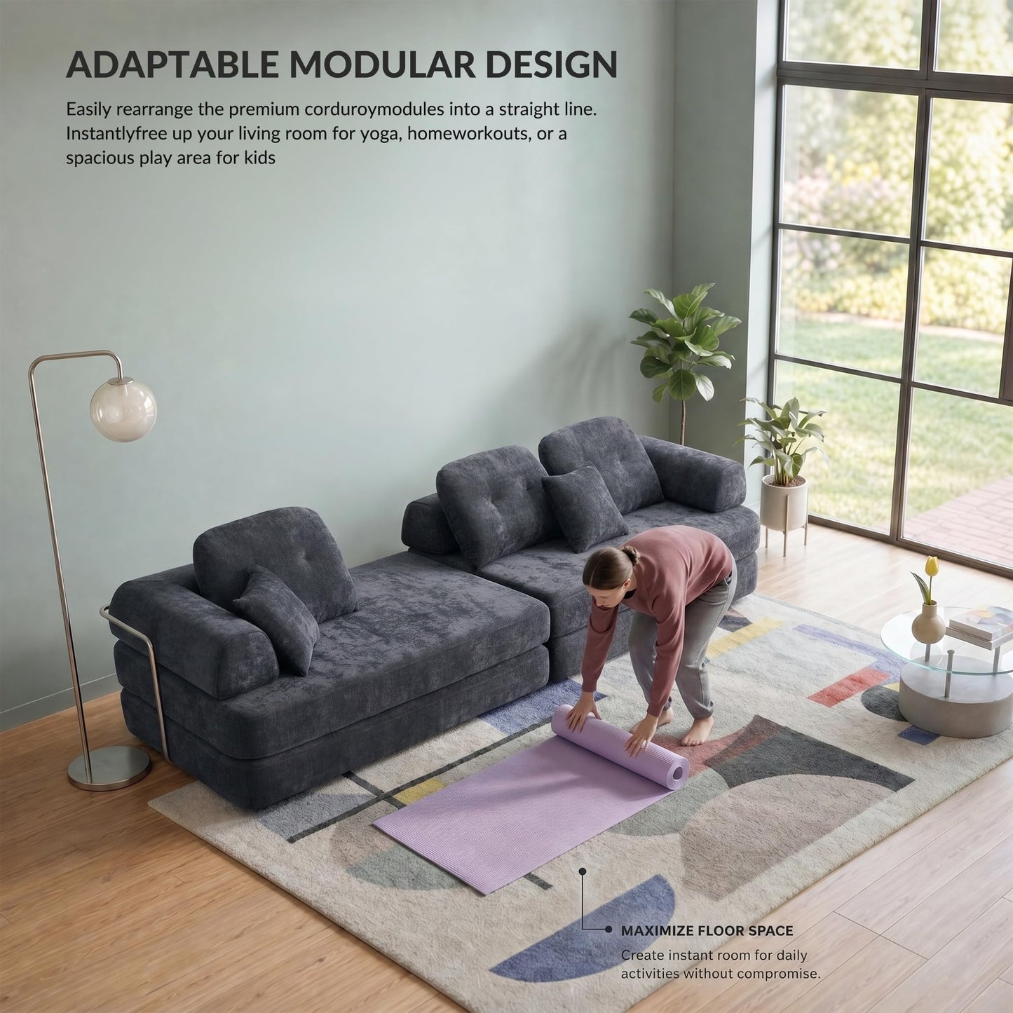YasuSoofa Boneless Sectional Couch with Chaise, Convertible L-Shape Floor Sleeper with High Headrest, Modular Sofa Bed for Living Room Apartment, No Assembly, Gray