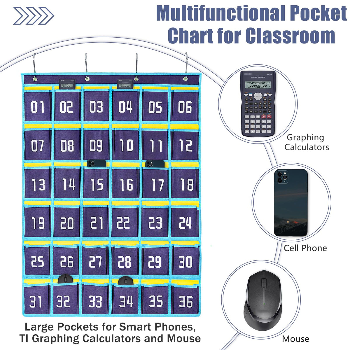 Loghot Classroom Accessories Closet Pocket Chart for Cell Phones Holder Wall Door Hanging Organizer (36 Pockets Blue)