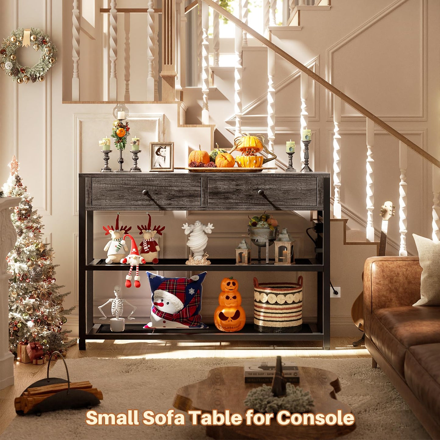 Ecoprsio Entryway Table with Outlets and USB Ports, Small Console Table with 2 Drawers, Sofa Table with Storage Shelves for Living Room, Couch, Hallway, Foyer, Kitchen Counter, 32'', Grey Oak