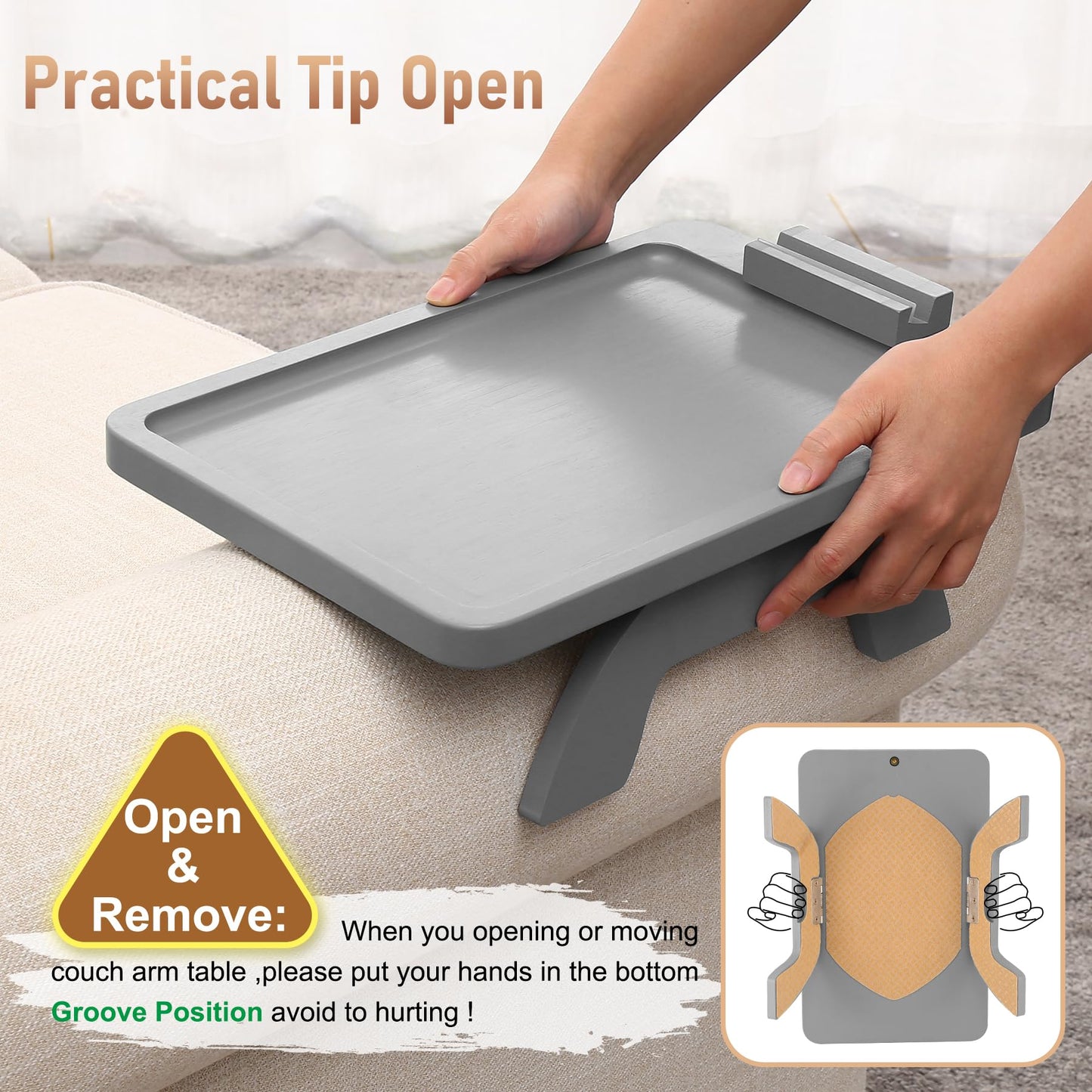 SINWANT Couch Armrest Table,Bamboo Couch Arm Tray with 360° Rotating Phone Holder,Anti Slip Foldable Sofa Arm Tray for Eating Drinking Snacks Remote on Armrest 15.35"x9.85"