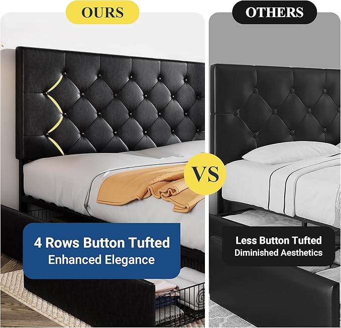 Allewie King Size Black Metal Faux Leather Platform Bed Frame