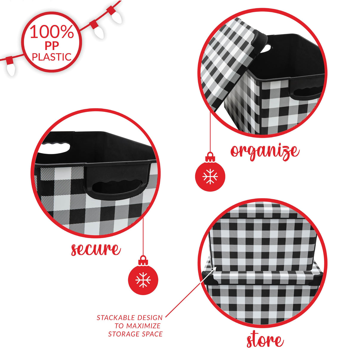 Simplify Checkered Design Storage Bin | Christmas Tote | Holiday Décor Decorations Organizer | Buffalo Plaid Design | Lidded | Stackable | Black and White