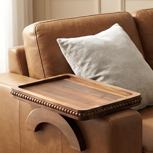 Acacia Wood Couch Tray with Beaded Edge for Home Decor - Foldable Sofa Armrest Tray as End Table - Couch Armrest Table with Anti-Slip Legs for Drink, Snacks (Acacia, 13"x9"x1")