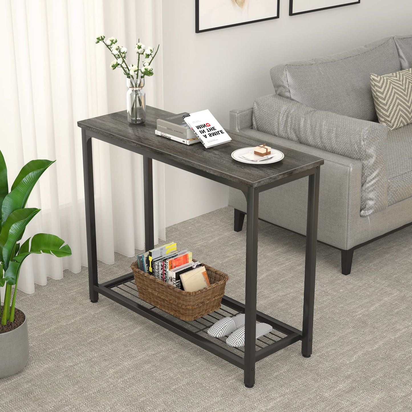 Ecoprsio Console Table Sofa Table with Mesh Shelves, 2 Tier Entryway Table Foyer Table for Entryway, Front Hall, Hallway, Sofa, Couch, Living Room, Coffee Bar, Kitchen, Grey, 32 Inch
