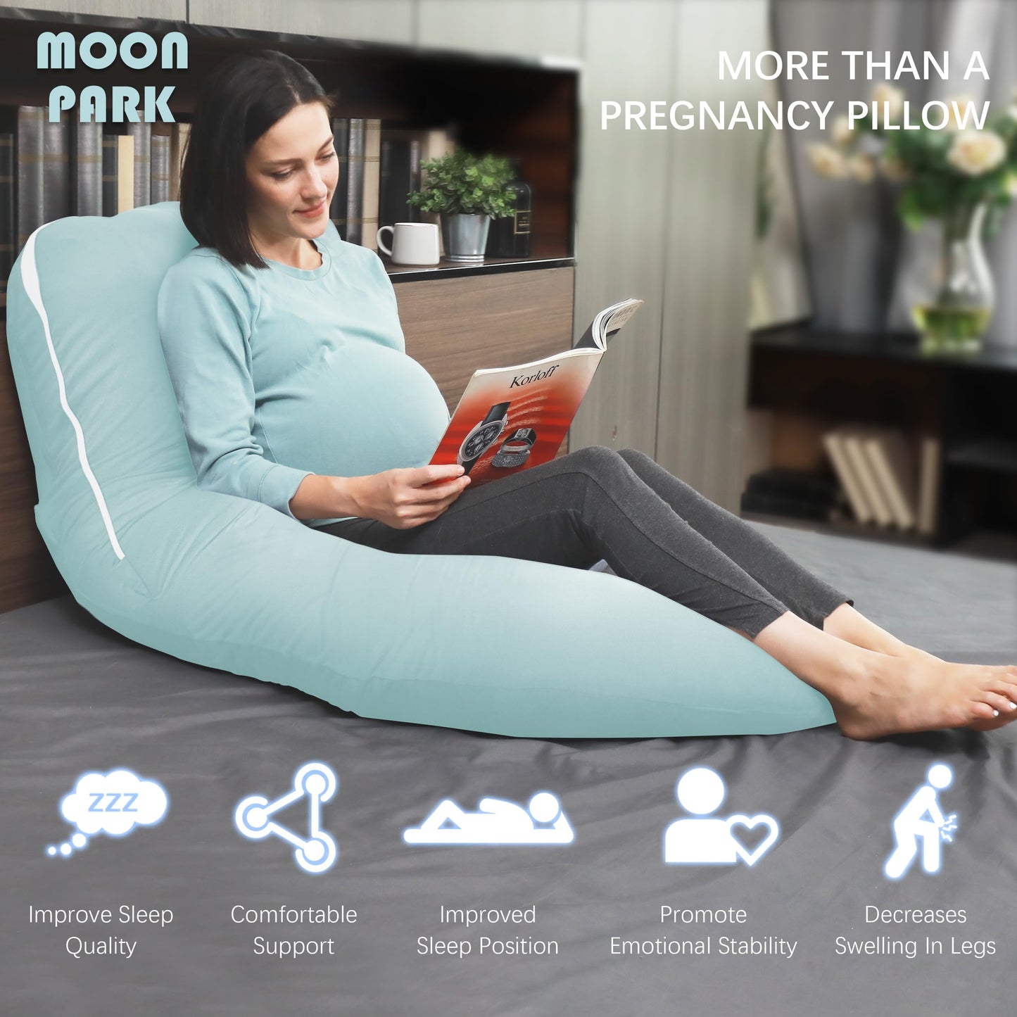 MOON PARK Pregnancy Pillows for Sleeping - U Shaped Full Body Maternity Pillow with Removable Cover - Support for Back, Legs, Belly, Hips - 57 Inch - Ice Blue - Cooling Cover