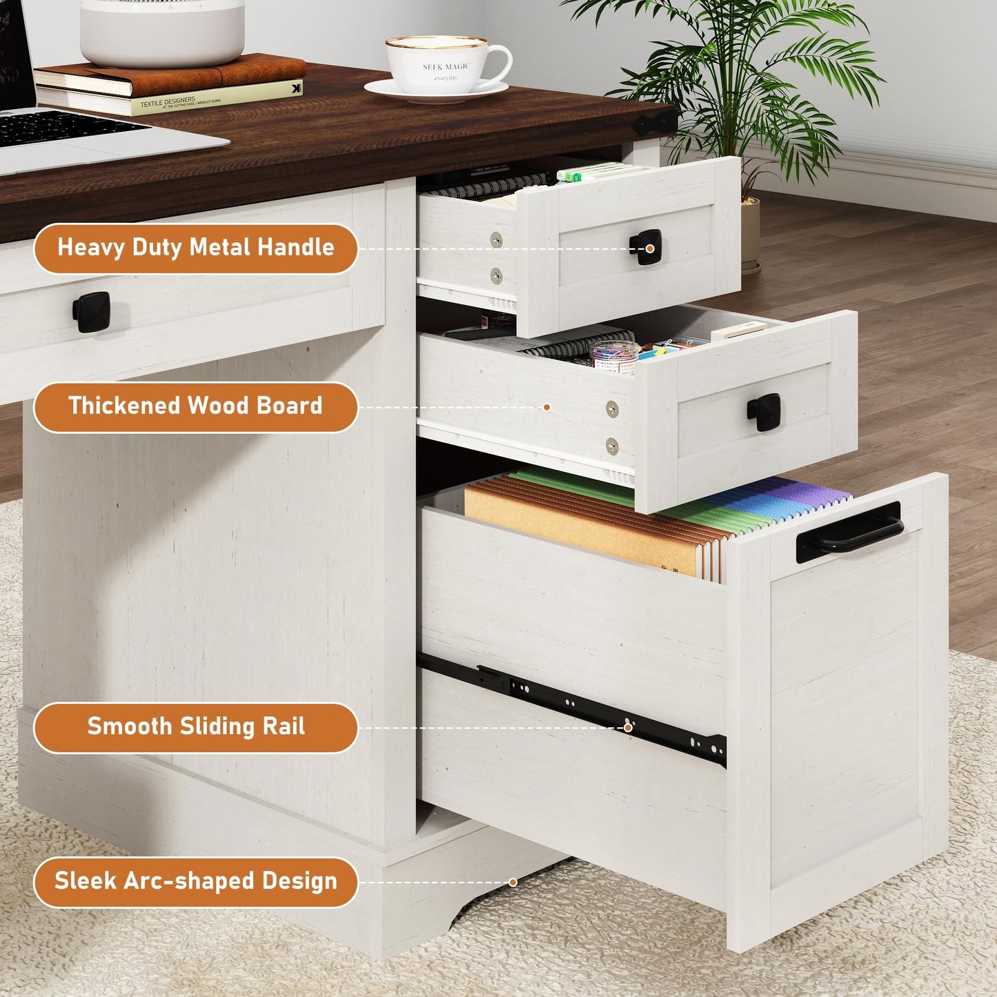 Squireewo 58'' Farmhouse Home Office Desk with Drawers, Wooden Executive Desk with Charging Station, File Drawers and Storage Cabinet, Computer Desk for Work, Study and Writing, Rustic White