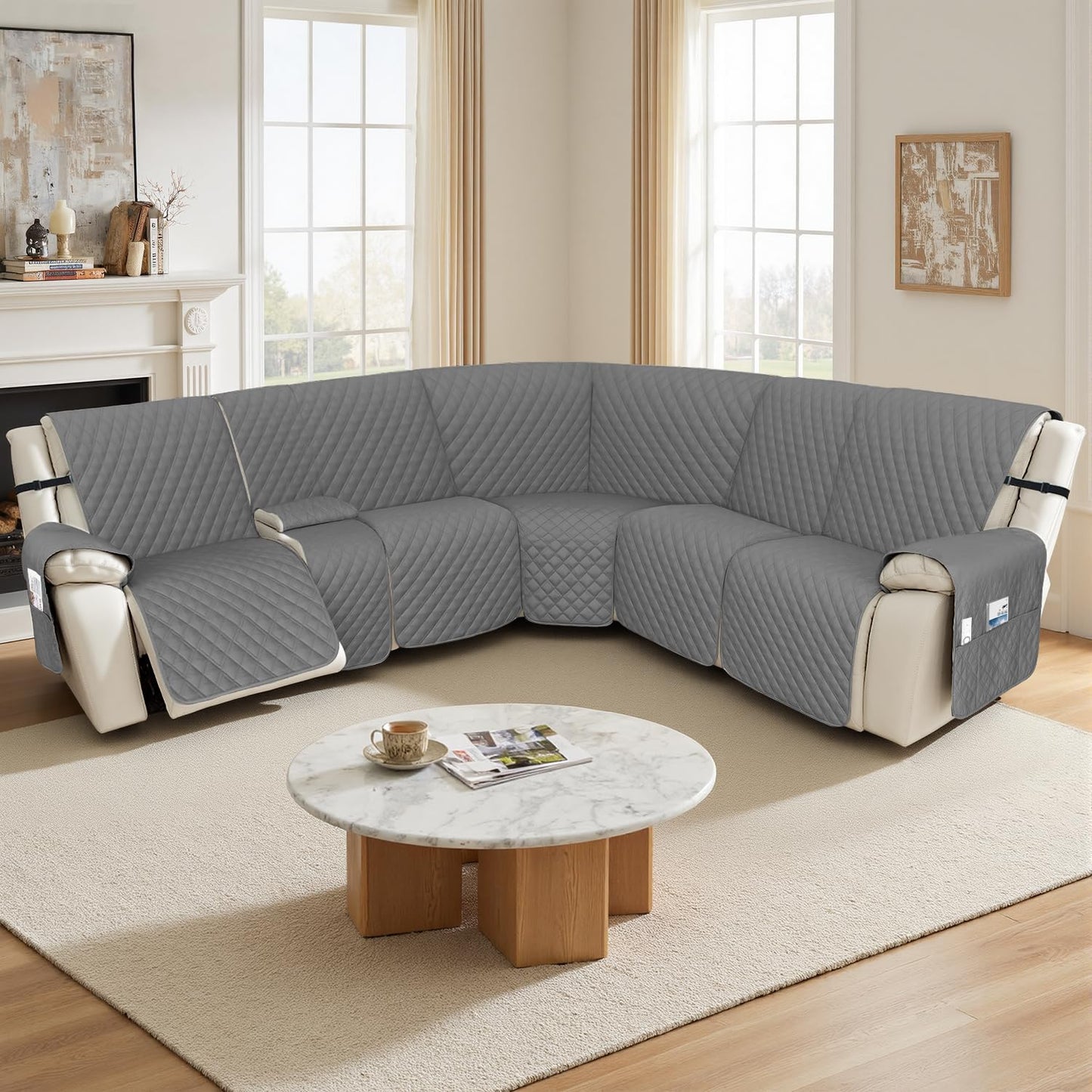 Arfntevss Recliner Sectional Couch Covers 1OO% Waterproof L Shape Sofa Cover for Reclining L Shaped Sectional Slipcover Dog Washable Corner Non Slip Protector (5 Seater with 1 Console, Dark Gray)