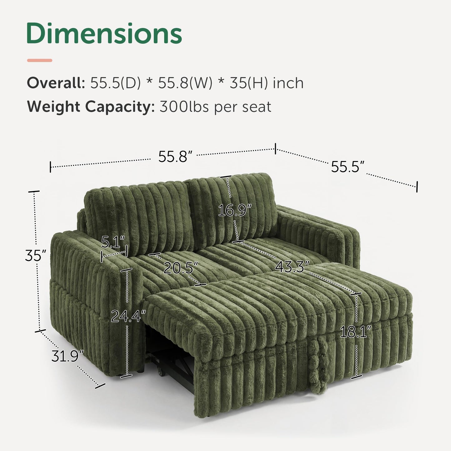 HONBAY Plush Corduroy Loveseat Sleeper Sofa,Modular Pull Out Sofa Bed,Couches for Living Room,Plush Green