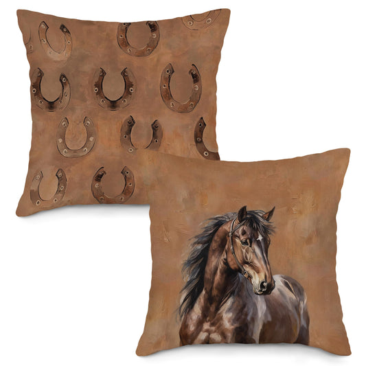 LLOKARNORA Western Horse Throw Pillow Covers Set of 2, Farmhouse Horses Pillow Case Cover for Couch, Vintage Equestrian Decor Square Pillowcase, Horseshoe Cushion Cover Case for Living Room, 18x18 in
