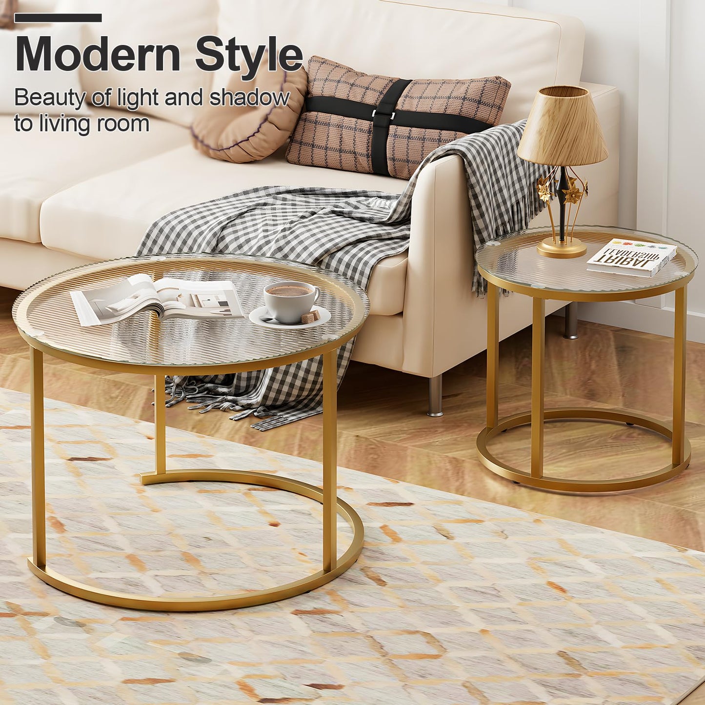 aboxoo Nesting Coffee Table Set of 2, Small Round Glass Nesting Tables for Living Room Bedroom, Accent Tea Table with Gold Metal Frame Modern Industrial Simple