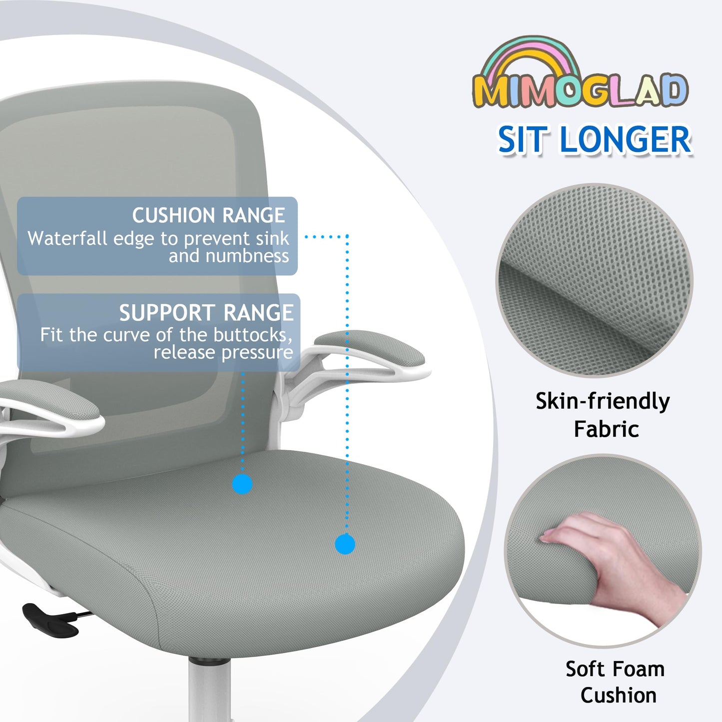 Mimoglad Ergonomic High Back Mesh Office Chair, Adjustable Lumbar Support, Thickened Seat Cushion (Modern, Moon Gray)