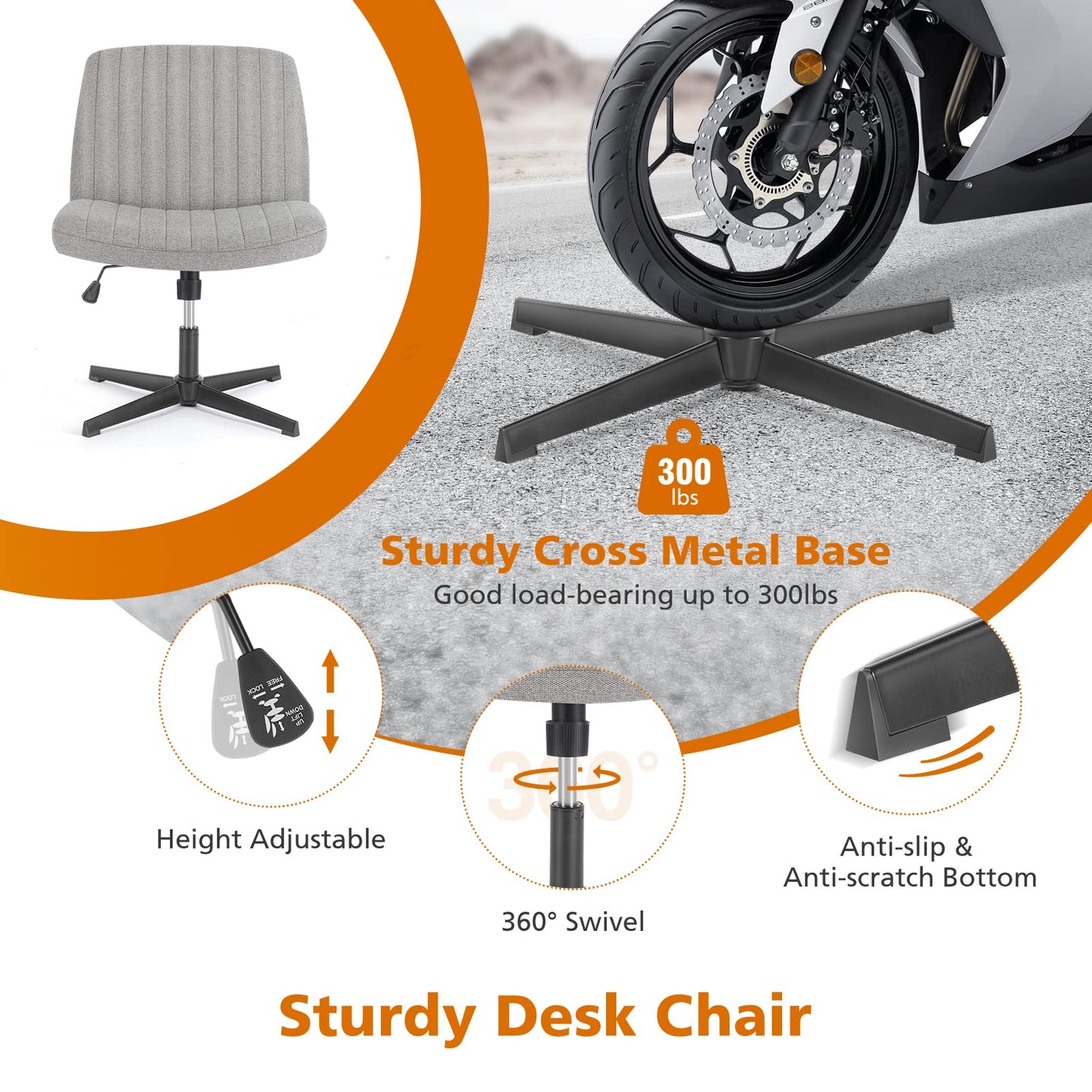 Sweetcrispy Criss Cross Chair Legged, Armless Office Swivel Desk Chairs No Wheels, Vanity Height Adjustable Wide Seat Comfy Cute Computer Task Seating for Home Bedroom, Grey