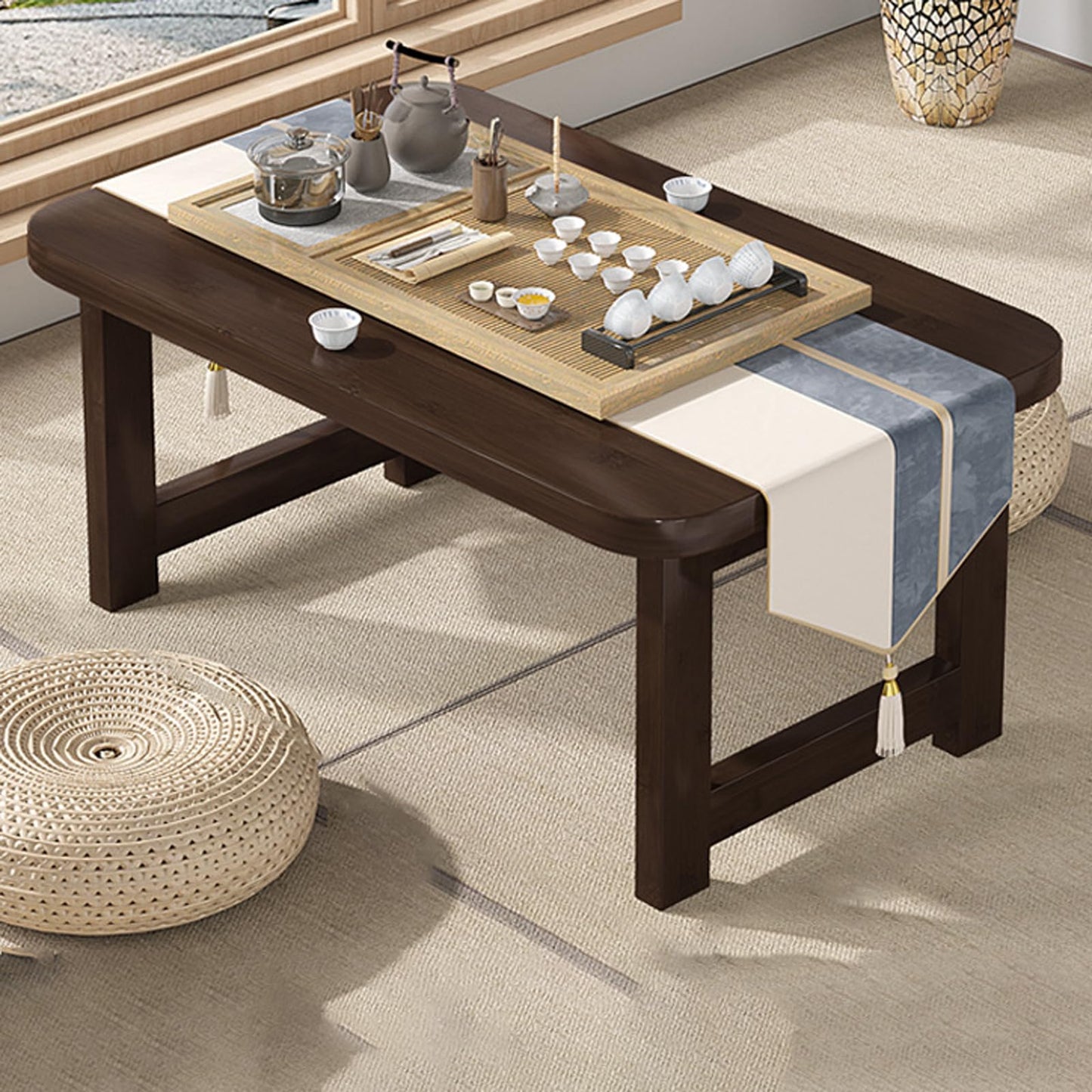 Japanese Bamboo Coffee Table - Low Rectangular Design, No Assembly Required, Sturdy Wood, Ideal for Home Office, Living Room, Bedroom, Zen Style Furniture