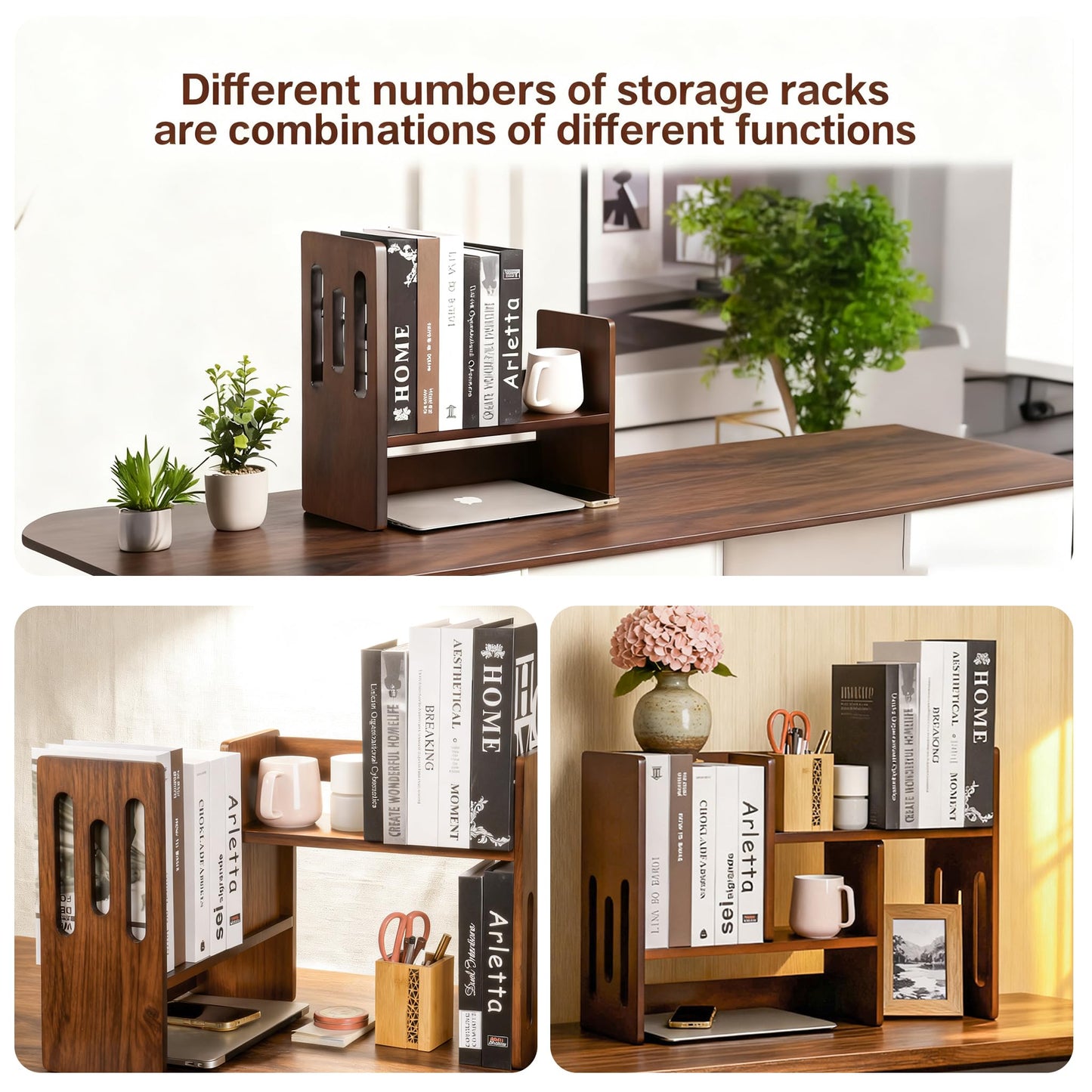 GroveMindoo Handcrafted Solid Wood Desktop Bookshelf, Telescopic Adjustable Desktop Organizer, Multi-Layer Small Bookshelf Desk Shelf for Home Office & Dorm