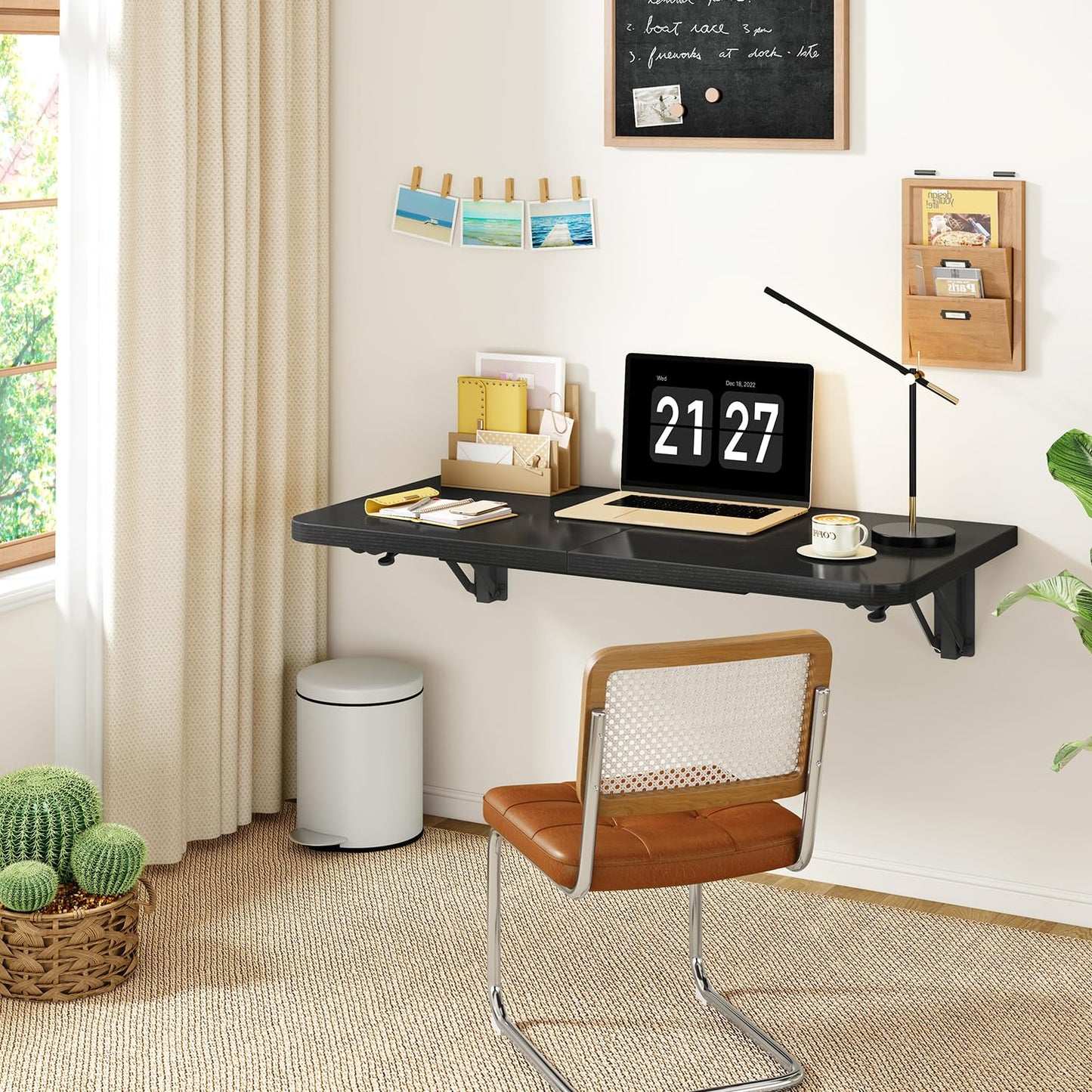 IBUYKE Wall Mounted Folding Table, Floating Wall Desk for Small Spaces, Fold Down Laundry Shelf with Heavy-Duty Brackets, Wall Table for Home Office/Bar/Kitchen/Dining Black UTVT005B