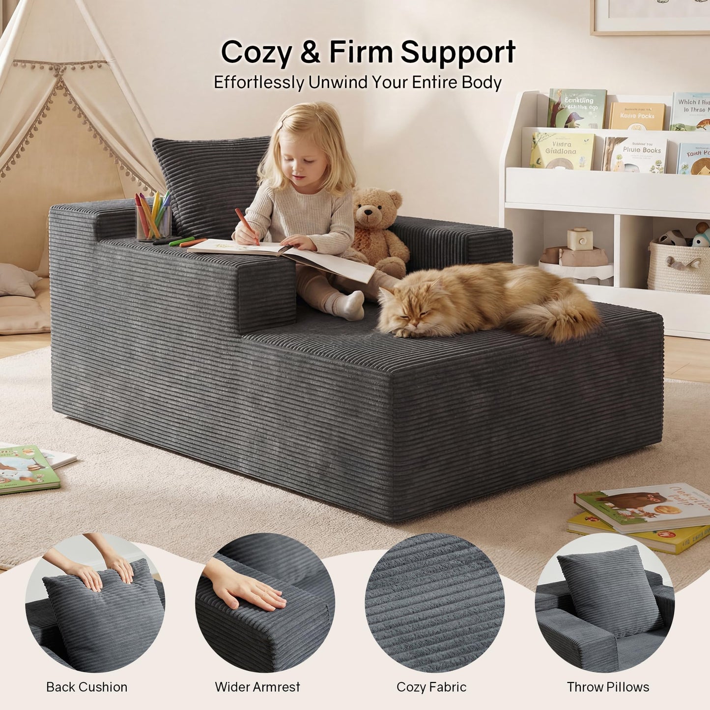 GRUSIGN 45'' Chaise Lounge Chair Indoor, Corduroy Boneless Sofa Bed, Deep Seat Sleeper Couch Reading Chairs for Bedroom Living Room, Movie Room