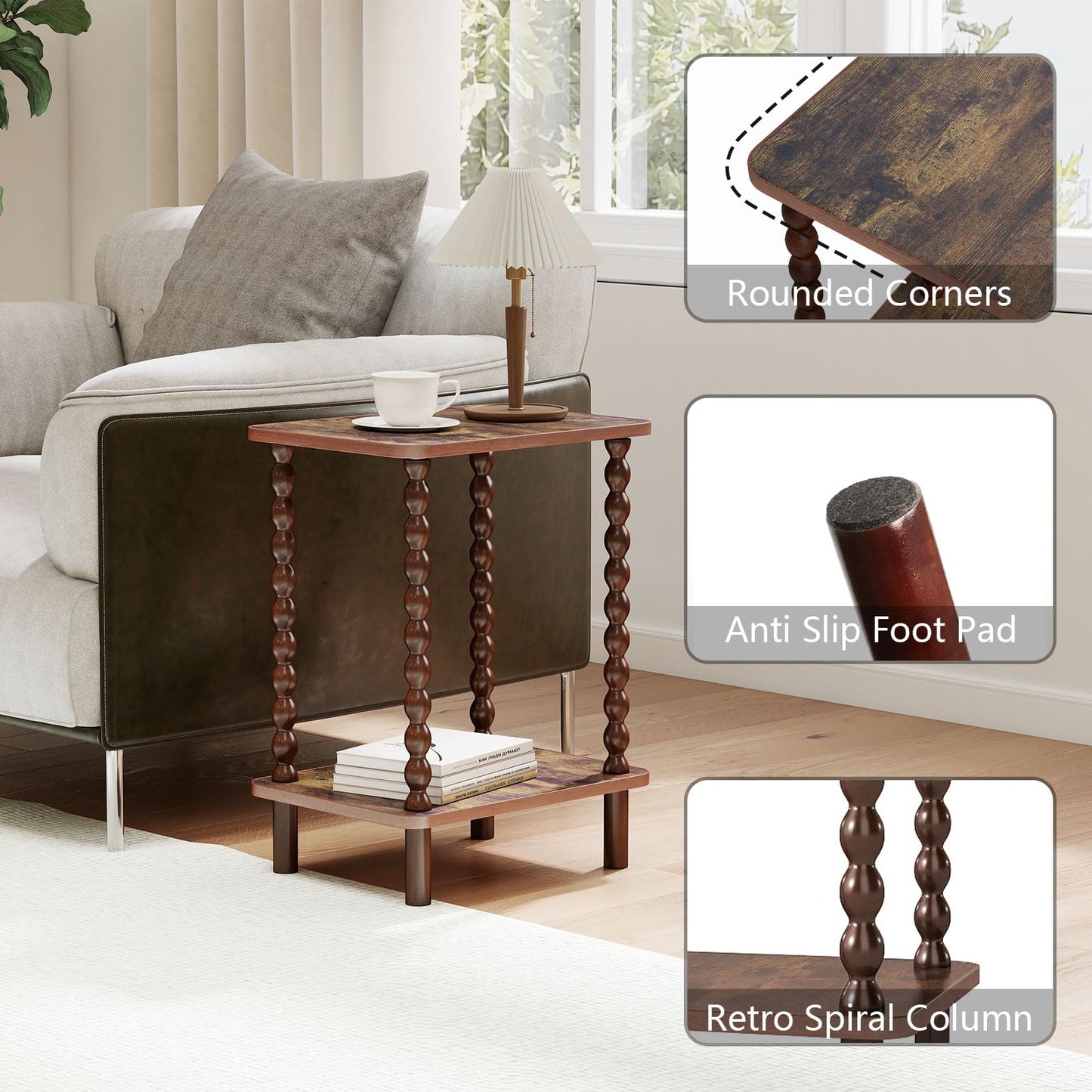 Funecy 2-Tier End Table,Vintage Side Table,Solid Wood Bedside Table with Storage Rack,for Living Rooms, bedrooms, and Narrow Spaces (Rustic Brown)