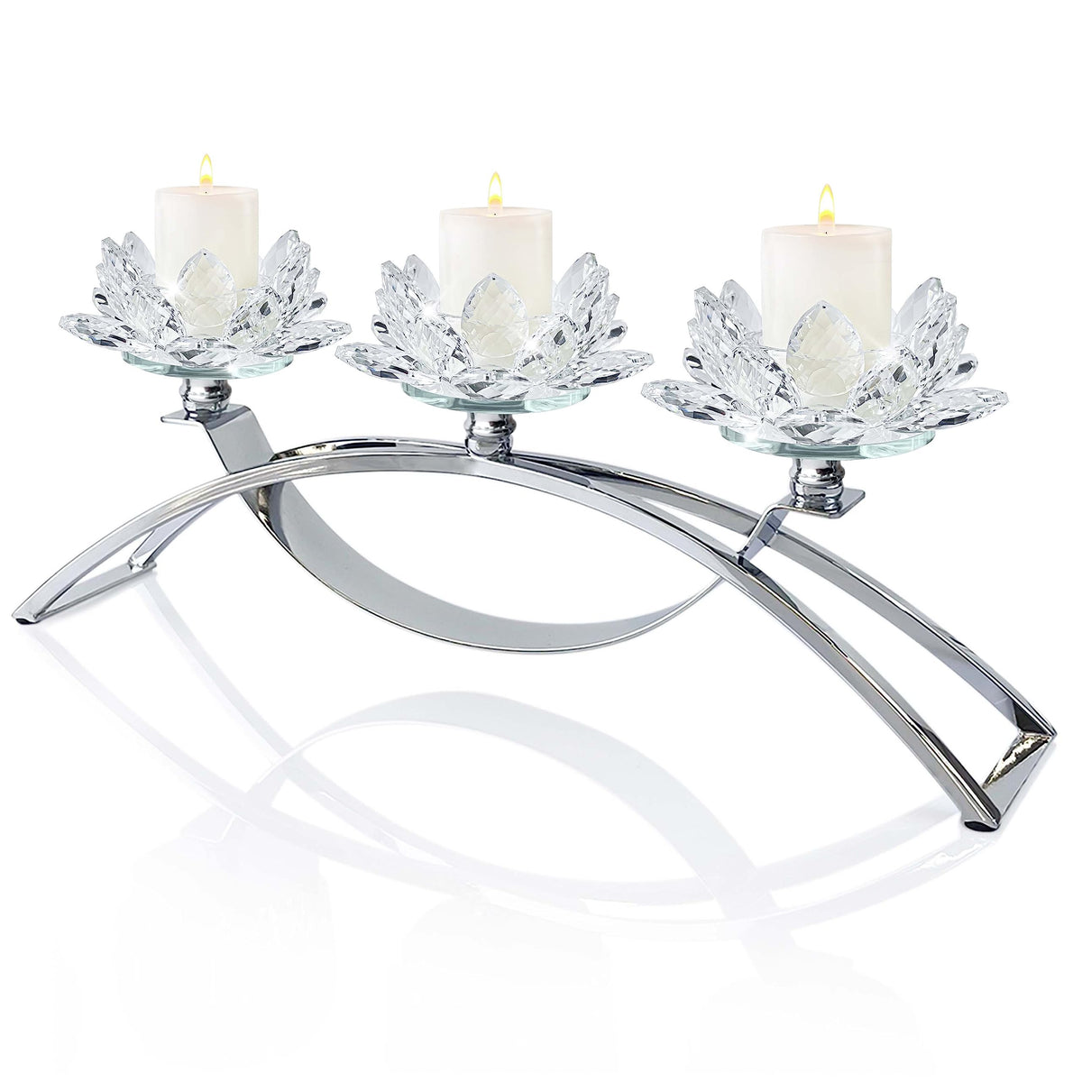 3 Arms Crystal Flower Candle Holder Bringing Tabletop tealight Holder for Party/Dining Room centerpieces (1, Silver)