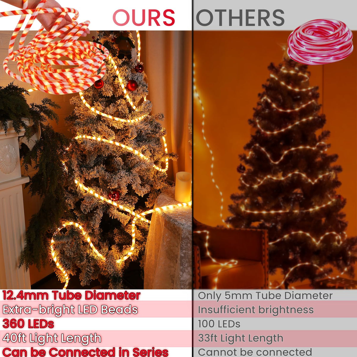 Watereem 360 LED Christmas Lights, 40 FT Candy Cane Rope Lights, Waterproof Xmas Tree Light, Connectable Tube Light Plug in for Indoor Outdoor Garden Yard Holiday Wedding Festival Party Decoration