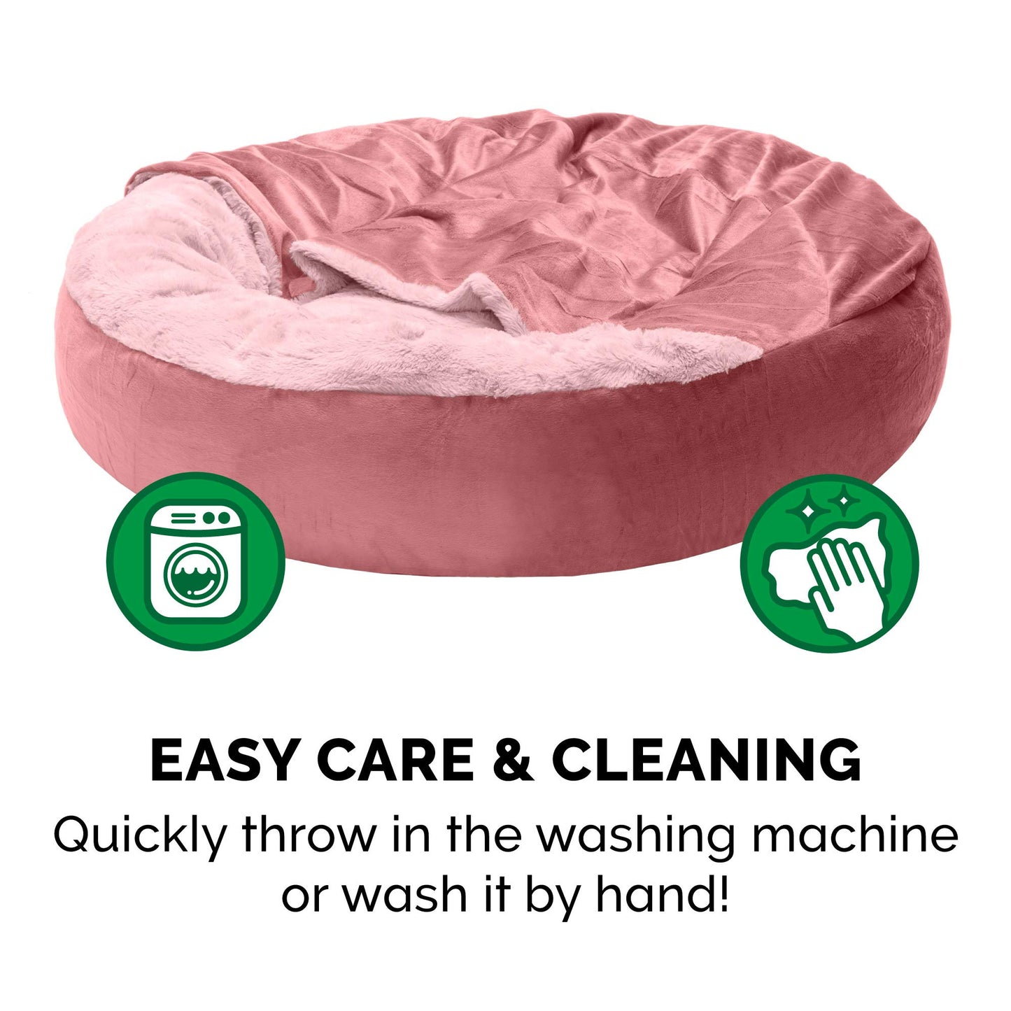 Furhaven 24" Round Calming Donut Dog Bed for Indoor Cats & Small Dogs, Washable, For Dogs Up to 20 lbs - Plush Velvet Waves Hooded Donut Bed - Rose Pink, Small