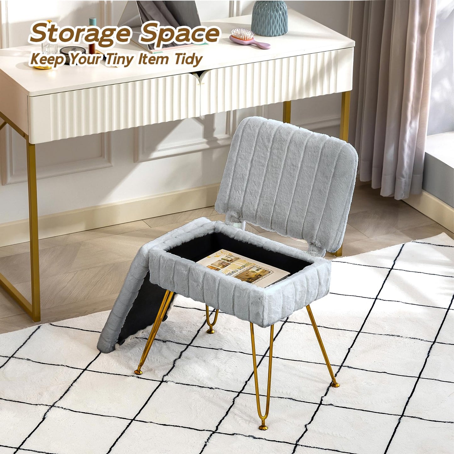 Manyday Vanity Chair with Storage, Comfy Ottoman with Folding Back, Faux Fur Vanity Stool with 4 Metal Legs for Make Up, Furry Padded Seat with Anti-Slip Feet for Bedroom Dressing Room, Light Gray