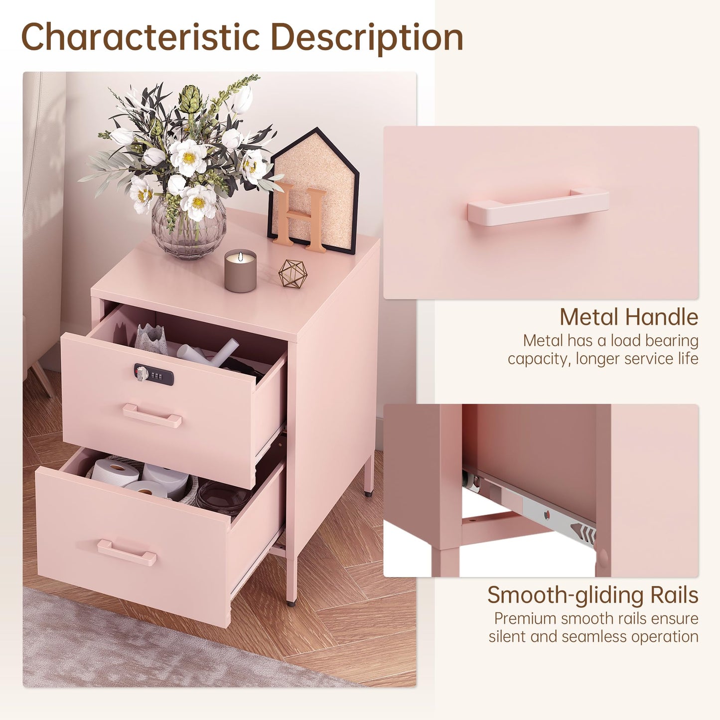 Steehoom Metal Nightstand with Lock, 2 Drawer End Side Table, Lockable Storage Cabinet Kids Cabinet for Living Room, Bedroom, Dorm, 21.26”H X 15.75”W X 15.75”D (2 Drawer, Pink)