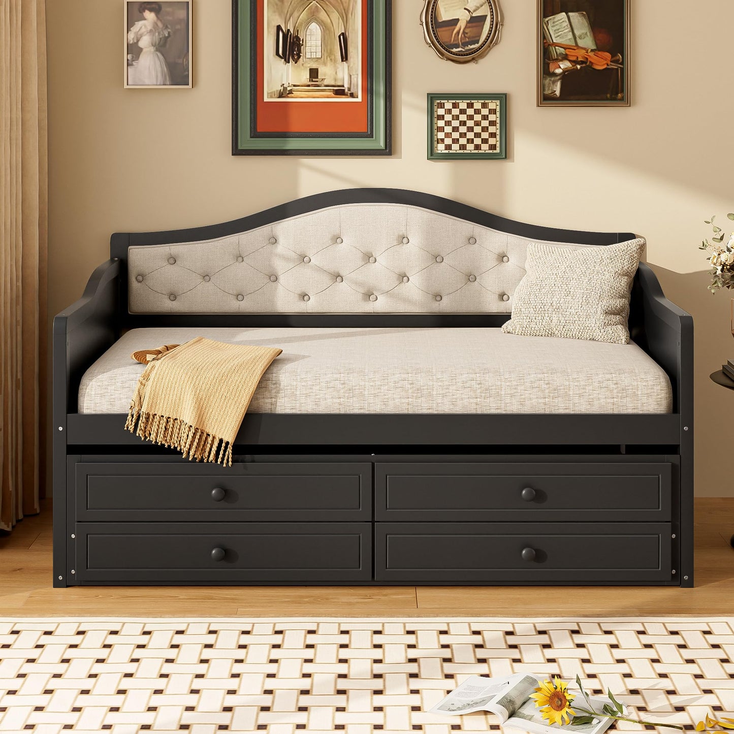 QVUUOU Space-Saving Twin Daybed with Trundle and 2 Drawers, Upholstered Sofa Bed with Button Tufted Back for Small Rooms Guest Room, Dorm (Beige)