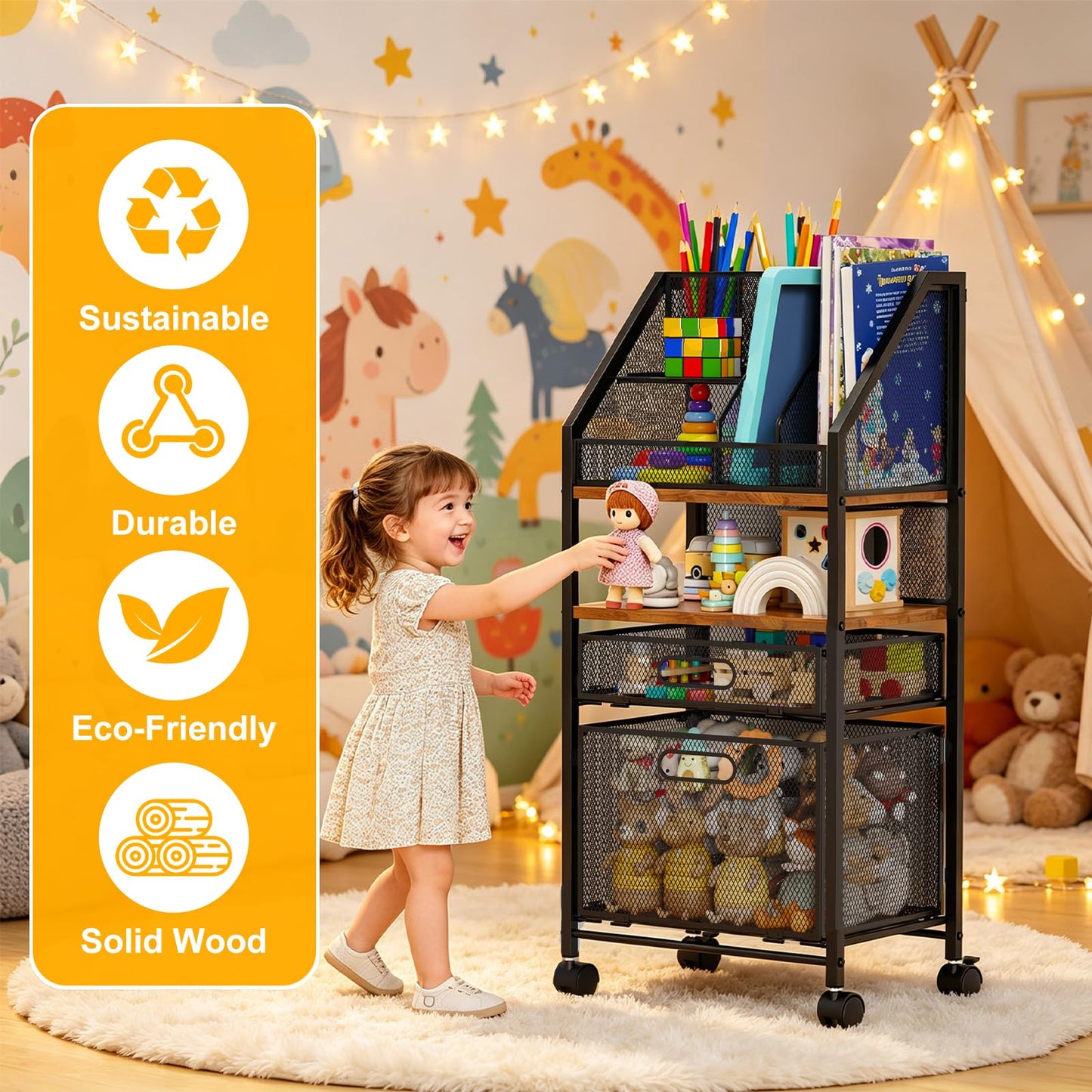 Cankm Rolling Cart with Drawers Metal Moving Craft Storage Cart with Lockable Wheels Wood&Mesh Rolling Utility Organizer Filing Cabinets for Home Office Classroom Organization(31 * 15 * 10 Inch)