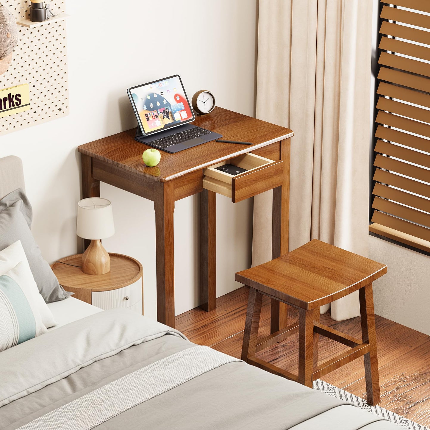 Love-KNPTUS Solid Wood Desk with Drawers - 23.6" Narrow Desks for Small Spaces, Mid Century Modern Desks, Small Wooden Vintage Computer Writing Desk, Study Table for Home Office Bedroom, Walnut