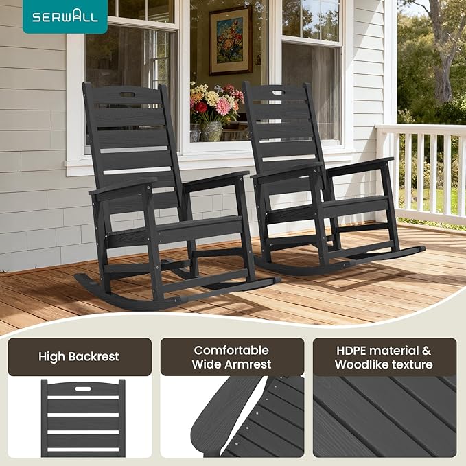 SERWALL Outdoor Rocking Chair Set of 4, Oversized HDPE Patio Rocking Chair