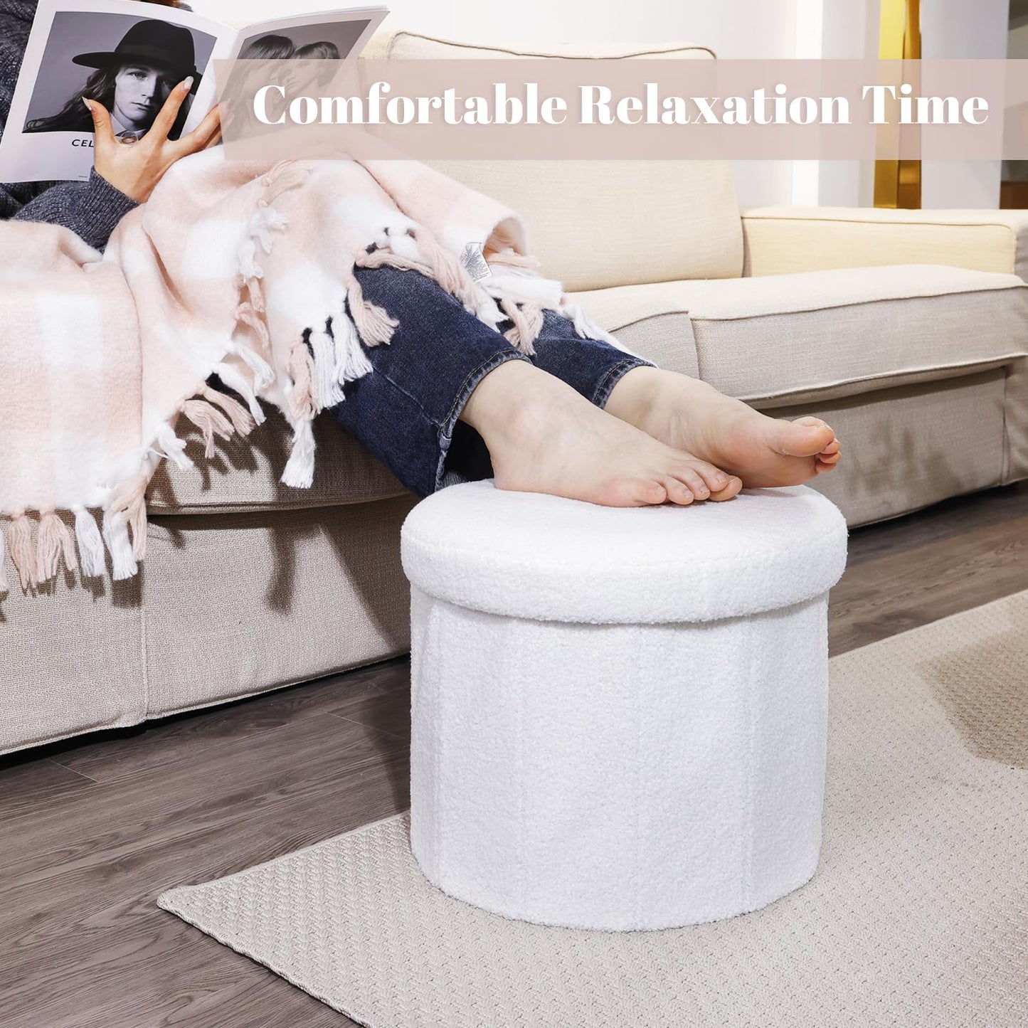 BoxedHome Dorm Room Storage - Round Cute Ottoman with Storage, Boucle Foot Stool Footrest for Lving Room, Support 220lbs, White 15"x 15" x12.6"