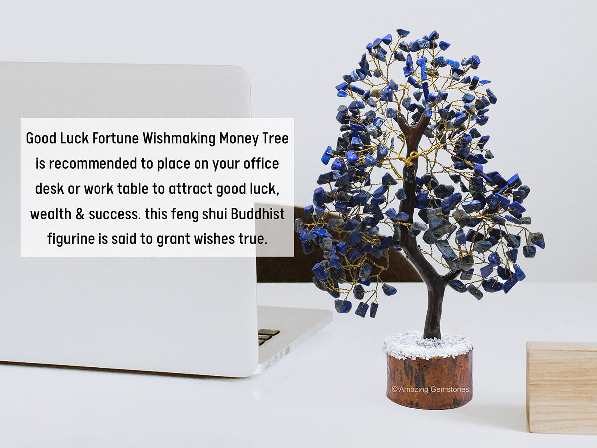 Amazing Gemstone Lapis Lazuli Natural Healing Crystal Bonsai Feng Shui Fortune Money Tree of Life for Home Office Decor, 10-12 Inch