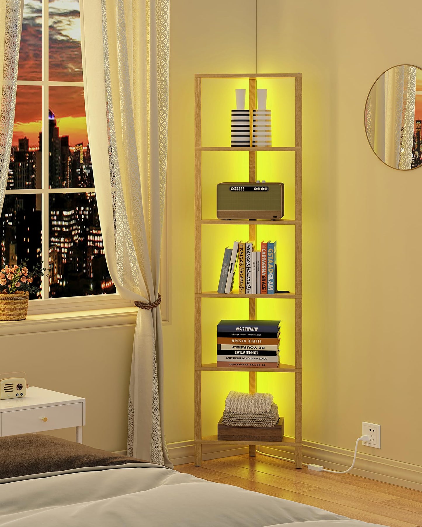 TUTOTAK Corner Shelf with LED Light, 6-Tier Corner Bookshelf for Small Space, Narrow Display Corner Shelf Stand with Storage Rack, for Living Room, Bedroom, Natural BS05BN006L