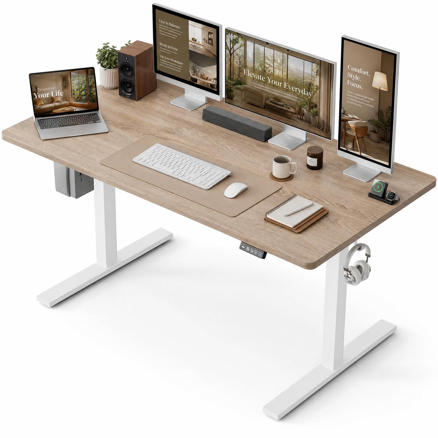 Grandder 55x32 Large Electric Standing Desk, Height Adjustable Computer Desk with 2 Memory Presets, 31.5" Deep Desktop Sit Stand Desk Home Office Desk Workstation Table with Hooks, Maple