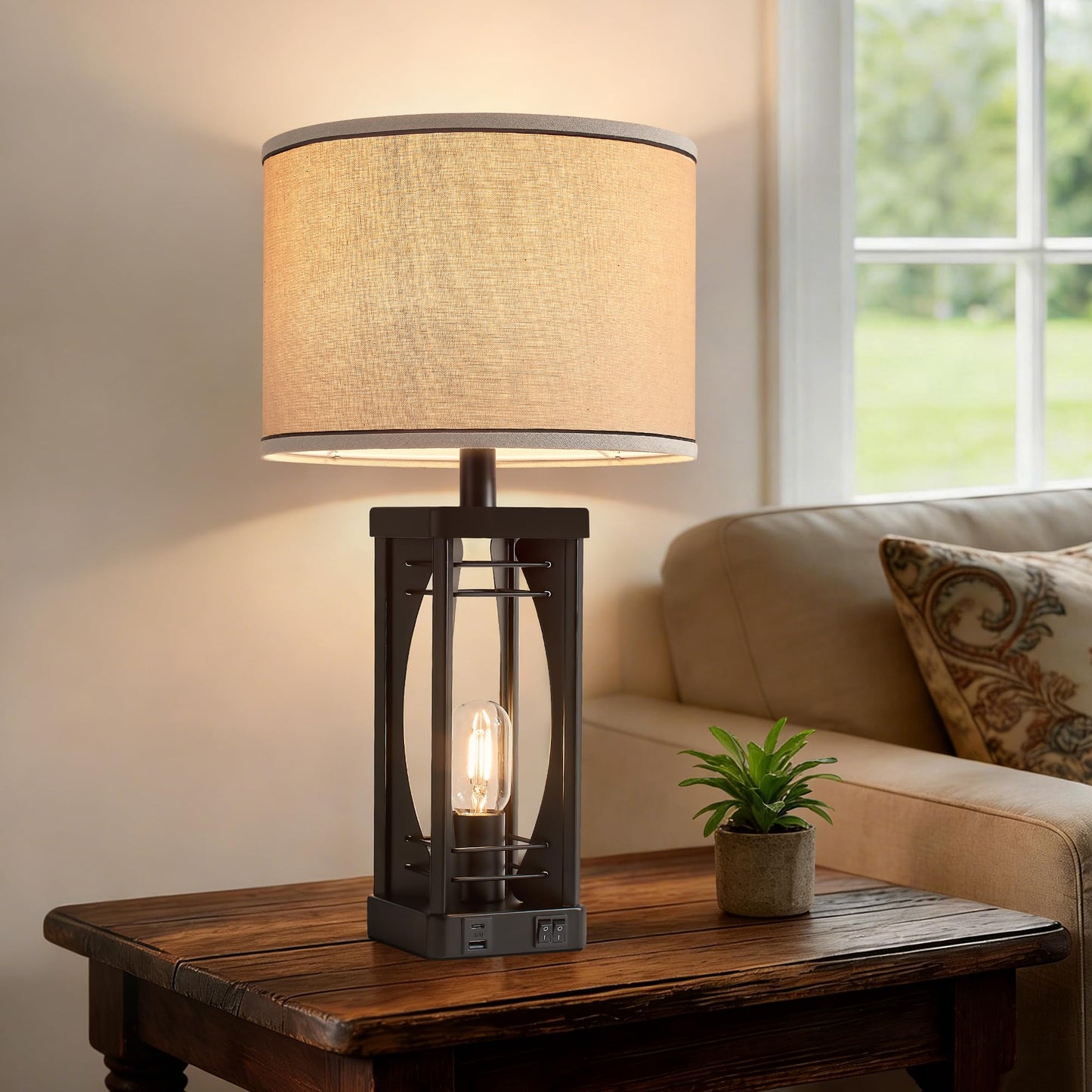 SRJJA Farmhouse Table Lamps Set of 2 for Living Room, Rustic Nightstand Lamps with USB A+C Charging Ports, 22.5" Dual Light Industrial Bedside Lamp with Linen Shade for Bedroom End Tables