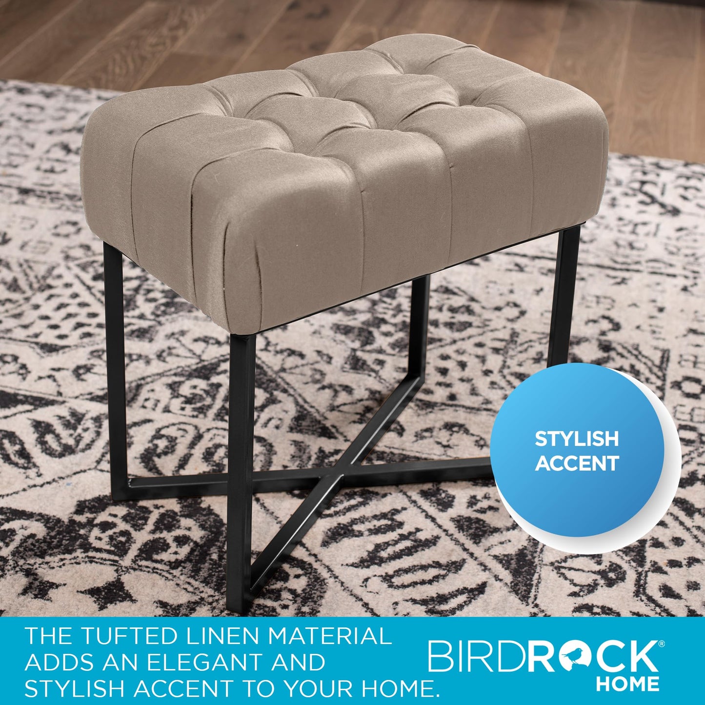 BIRDROCK HOME Rectangle Tufted Linen Ottoman Foot Rest - 19.7x11.82x17.73” Small Foot Stool with Legs - Padded Footrest Modern Ottomans for Living Room Furniture, Bedroom Footstool (Beige)