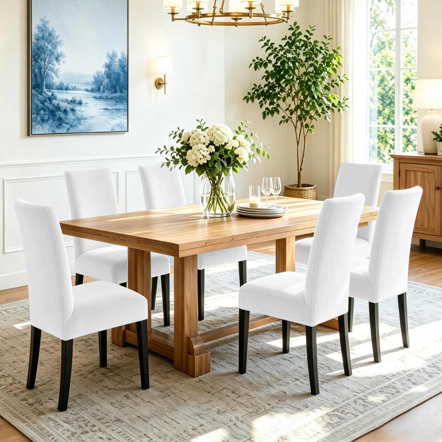 YEMYHOM Real Velvet Dining Chair Covers Set of 6, Stretch Parsons Chair Slipcovers, Super Soft Removable Washable Kitchen Chair Protector Cover for Dining Room, Restaurant, Banquet (White)