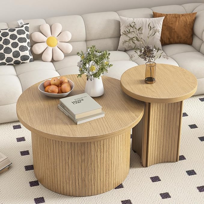 Mxtxmy Set of 2 Nesting Coffee Tables Farmhouse, Round Coffee Table Living Room