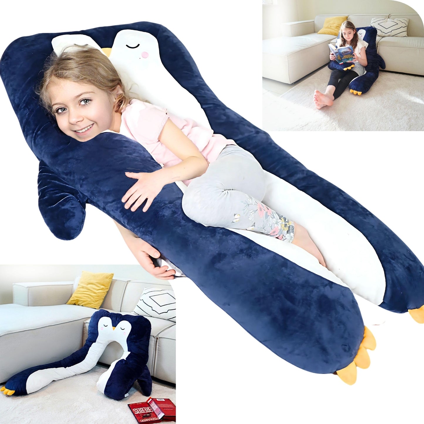 LUNAMIRA Penguin Kids Body Pillow - 47" U-Shape Long Plush Animal Pillow for Kids, Sleeping, Reading, ADHD & Special Needs Comfort, Anxiety, Washable Cover, Snuggle Fun Cuddle Gift for Boys & Girls