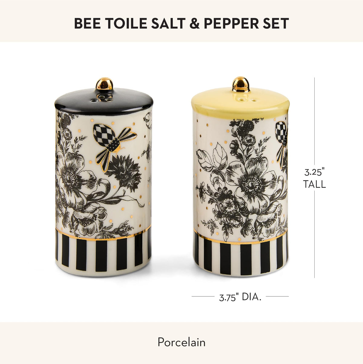 MACKENZIE-CHILDS Porcelain Salt and Pepper Shaker Set, Ceramic Salt and Pepper Holders, Bee Toile
